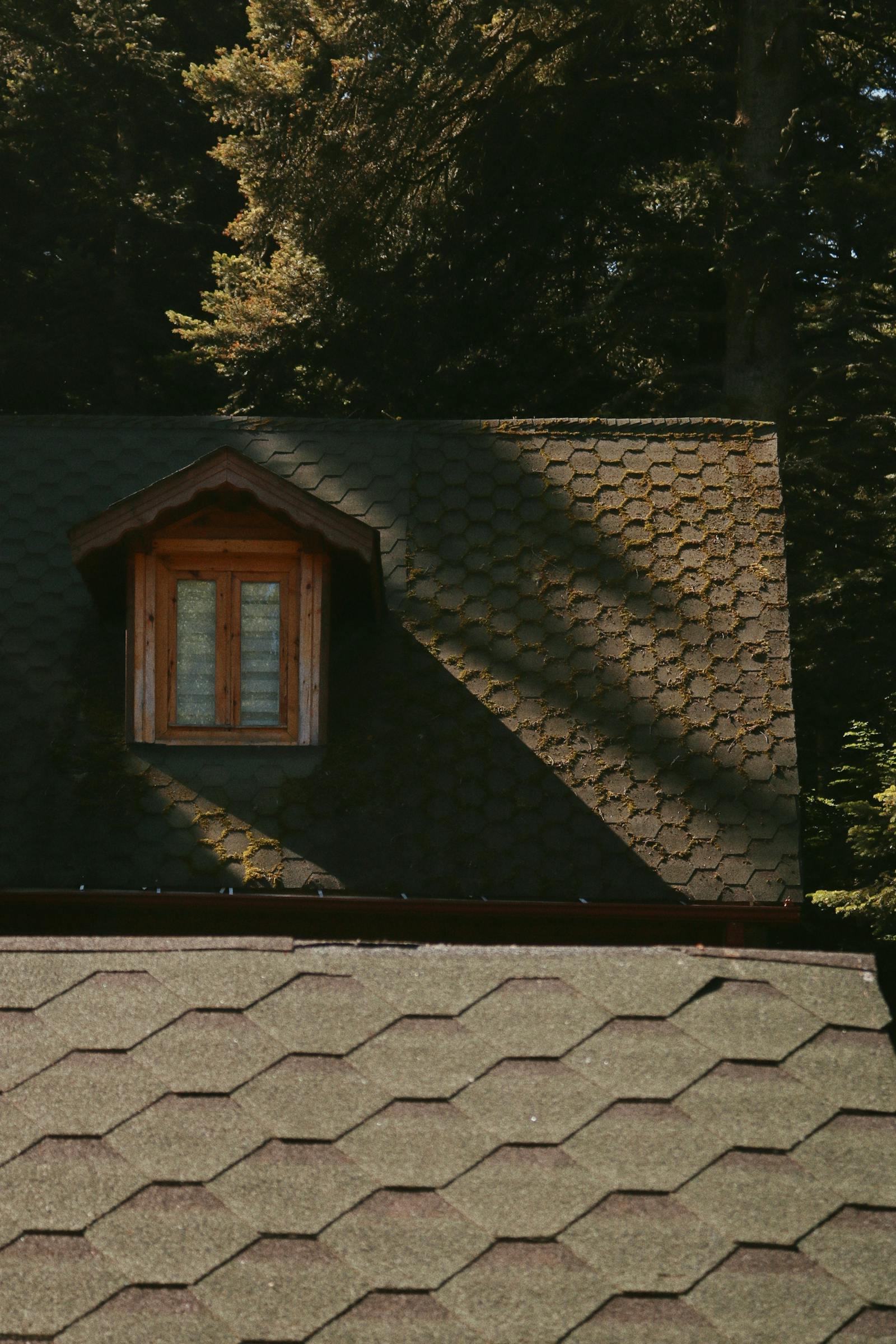 Architectural shingles on a steep gable with dormer window